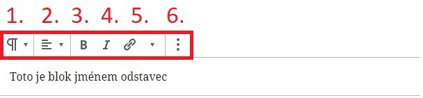 Návod na textový editor Gutenberg 2 panel nastroju 1