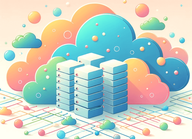 DALL·E 2023 10 30 16.15.58 Illustration of a cloud computing concept with pastel colors. Floating servers are surrounded by fluffy clouds in shades of orange blue pink and gr 1