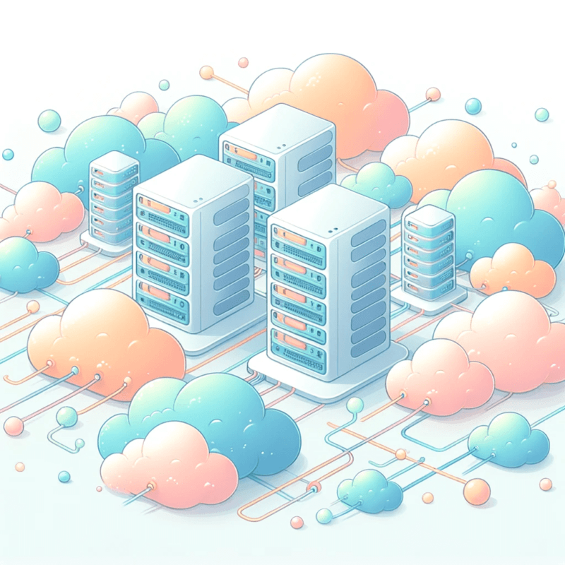 DALL·E 2023 10 30 16.18.11 Illustration of a cloud based server environment inspired by the previous image. The scene features pastel colored servers amidst soft fluffy clouds 1