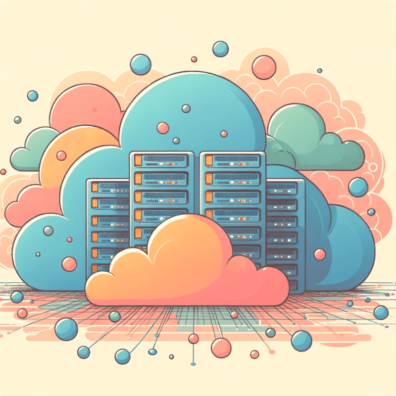 DALL·E 2023 10 30 16.21.24 Illustration of a cloud based server environment with slightly muted pastel colors. Servers float amidst dimmer fluffier clouds. The colors orange b 1