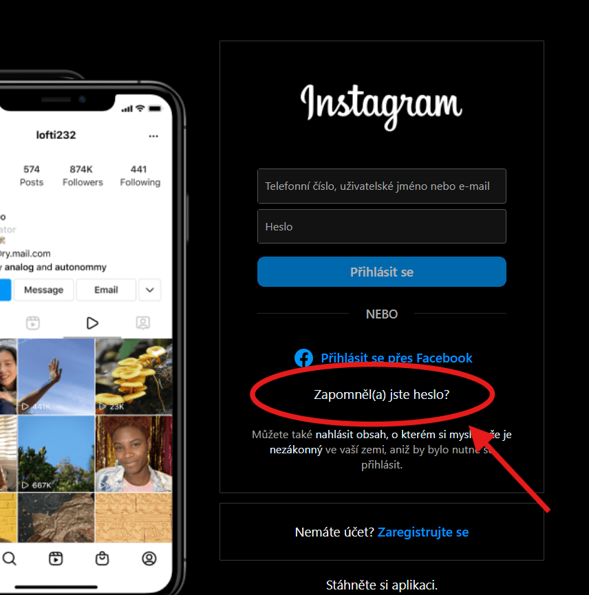 instagram zapomenute heslo