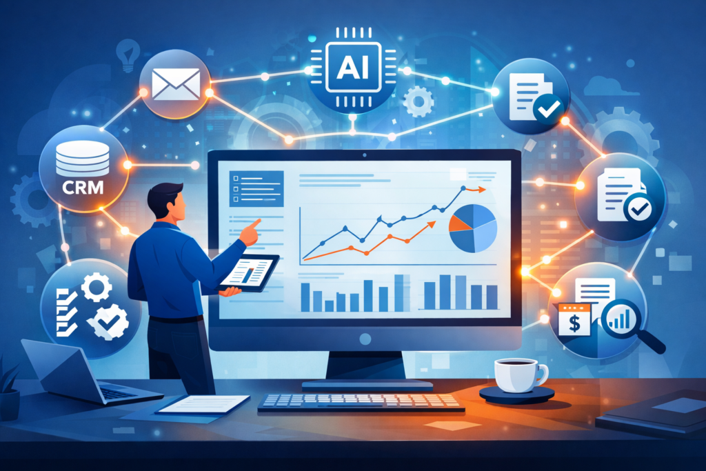 Automatizace procesů v práci: 12 rychlých automatizací, které ušetří 5 až 10 hodin týdně 1 Ilustrace automatizace procesů v práci s propojenými aplikacemi, workflow a AI v kancelářském prostředí