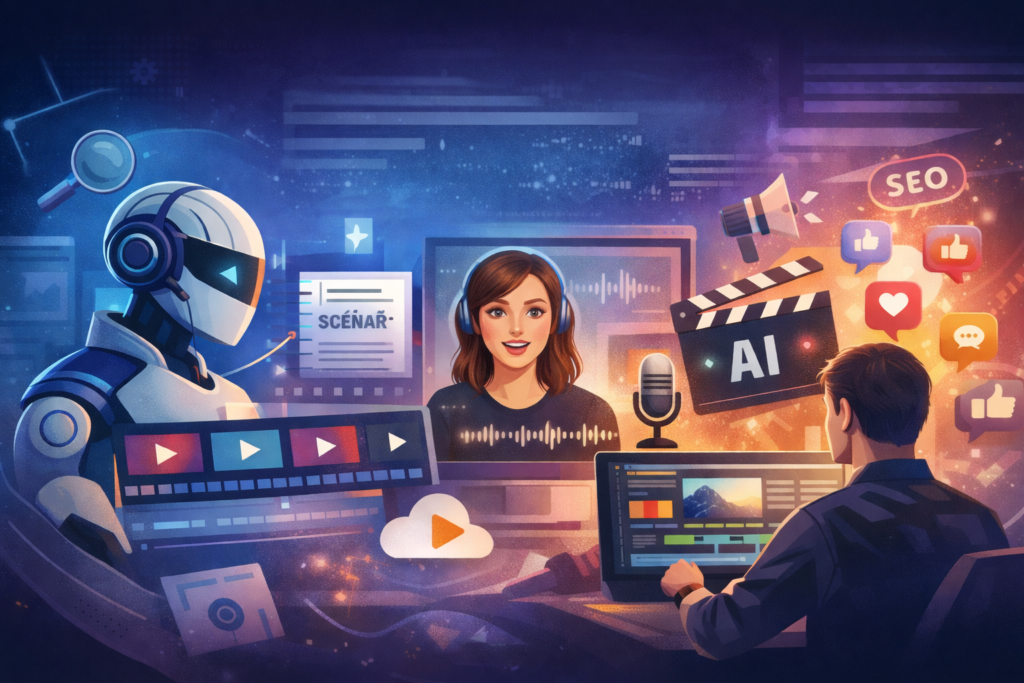 Tvorba videí pomocí AI: 12 doporučených nástrojů, postupy a workflow pro i firmy 1 Tvorba videí pomocí AI – AI nástroje na video, střih, titulky, voiceover a workflow pro firemní obsah a SEO.