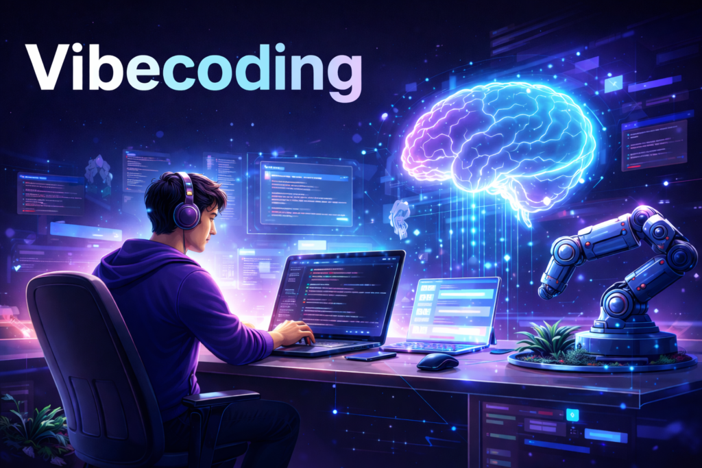 Vibecoding – 9 důvodů proč byste se měli naučit kódovat s pomocí AI 1 Diagram Vibecoding workflow od zadání přes GitHub a editor až po testování a nasazení na Vercel.