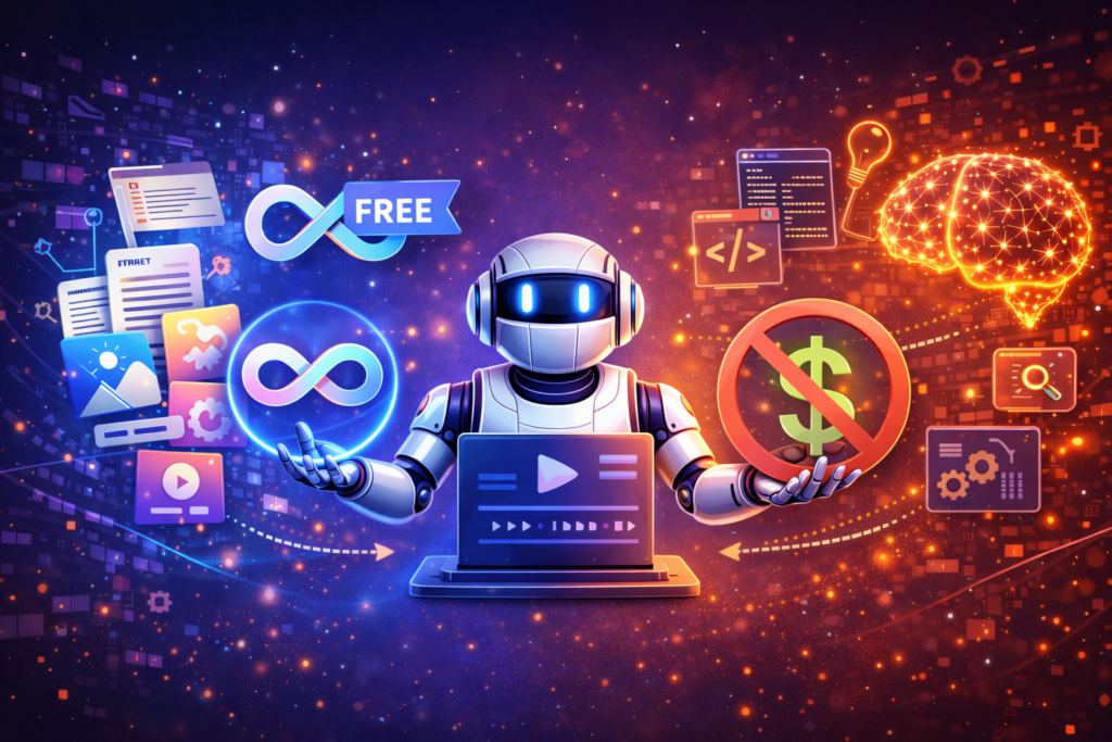 AI nástroje zdarma, které konkurují placeným řešením 2 Robot u notebooku s ikonami AI funkcí, symbolem zdarma a přeškrtnutým dolarem znázorňuje bezplatné alternativy k placeným řešením.